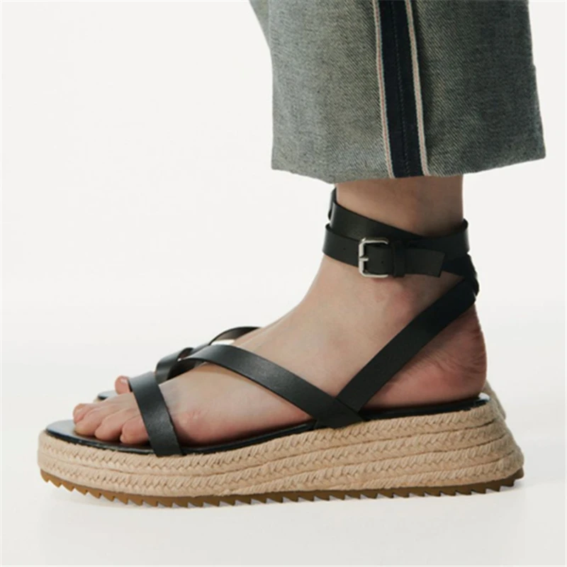 

Black Rope Women Sandals Casual Beach Flat Fisherman Shoes Female Woven Straps Summer Sandal Thick Sole Platform Wedges