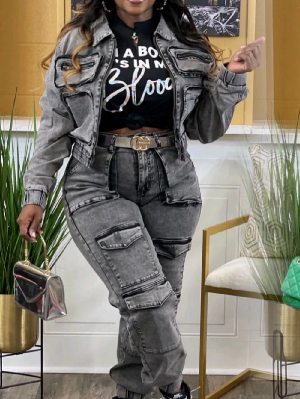 Повседневный женский джинсовый костюм из двух предметов пальто на молнии с