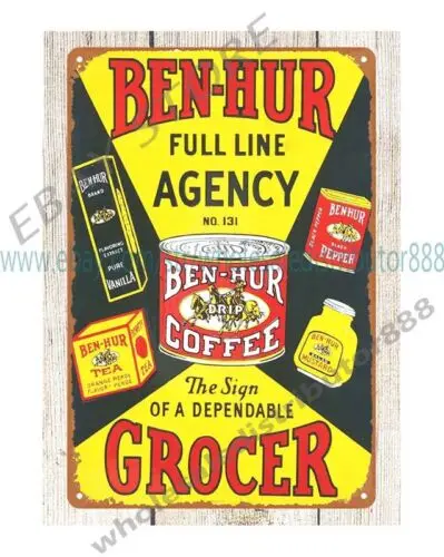 BEN-HUR GROCER кофе металлическая жестяная вывеска человек пещера настенная подвеска