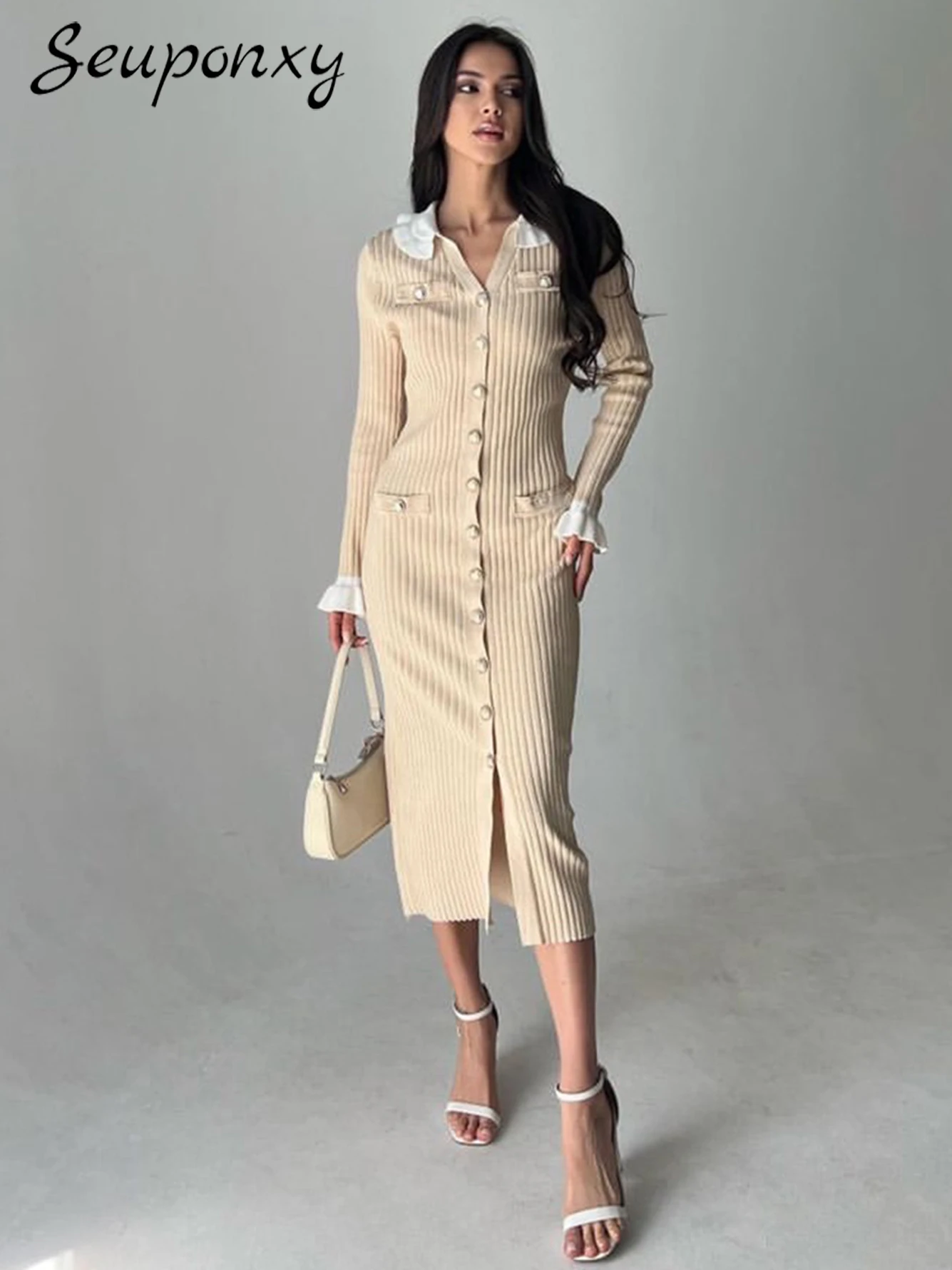 

High Quality 2023 Autumn Fashion Women'S Knitted Midi Dress Sexy V-Neck Flare Long Sleeved Single Breasted Casual Dress Vestidos