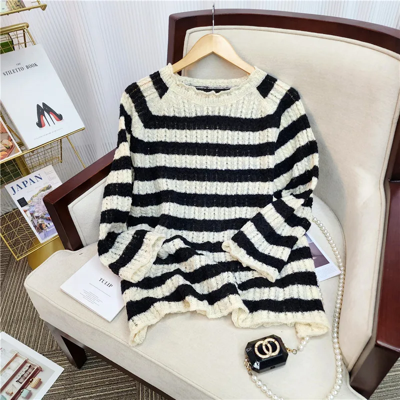

2023 Autumn Winter Striped Knitted Loose Sweater Women Pullover Tops Long Sleeve O Neck Casual Streetwear Sweater Female