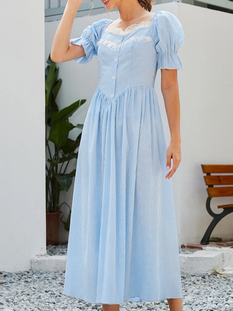 

Summer Blue Plaid Dress Women Elegant Puff Sleeve Chiffon Party Midi Dresses Female Holiday Lace Casual Boho Sweet Dress 2022
