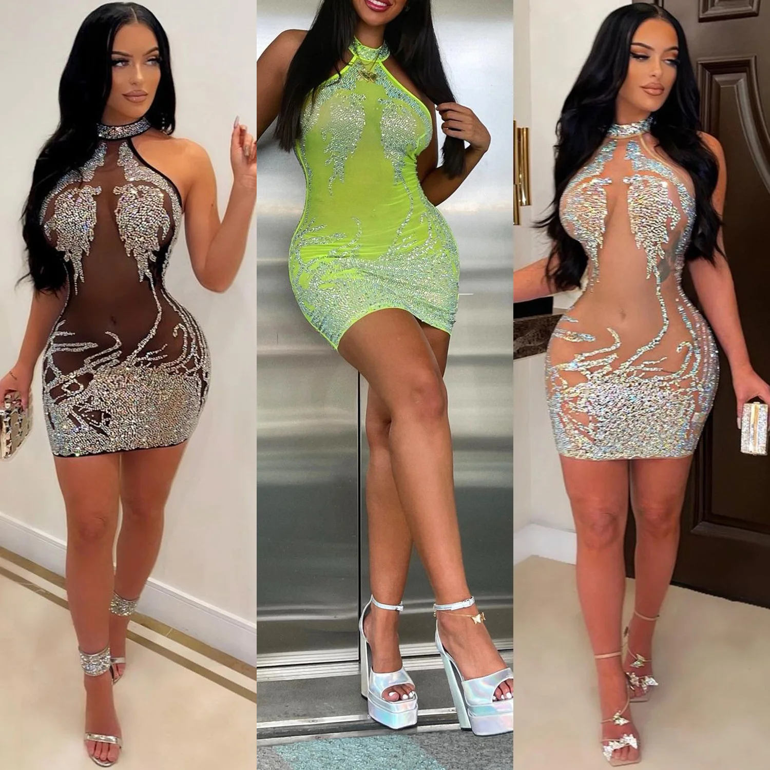 

Europe and the United States new sexy tight mesh iron drill nightclub women's dress