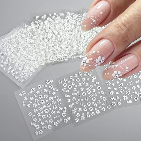 30 шт., наклейки для ногтей с белым цветком, 3D самоклеящиеся цветочные наклейки для ногтей, маленький цветок с бриллиантовой слайдерной наклейкой для акриловых ногтей
