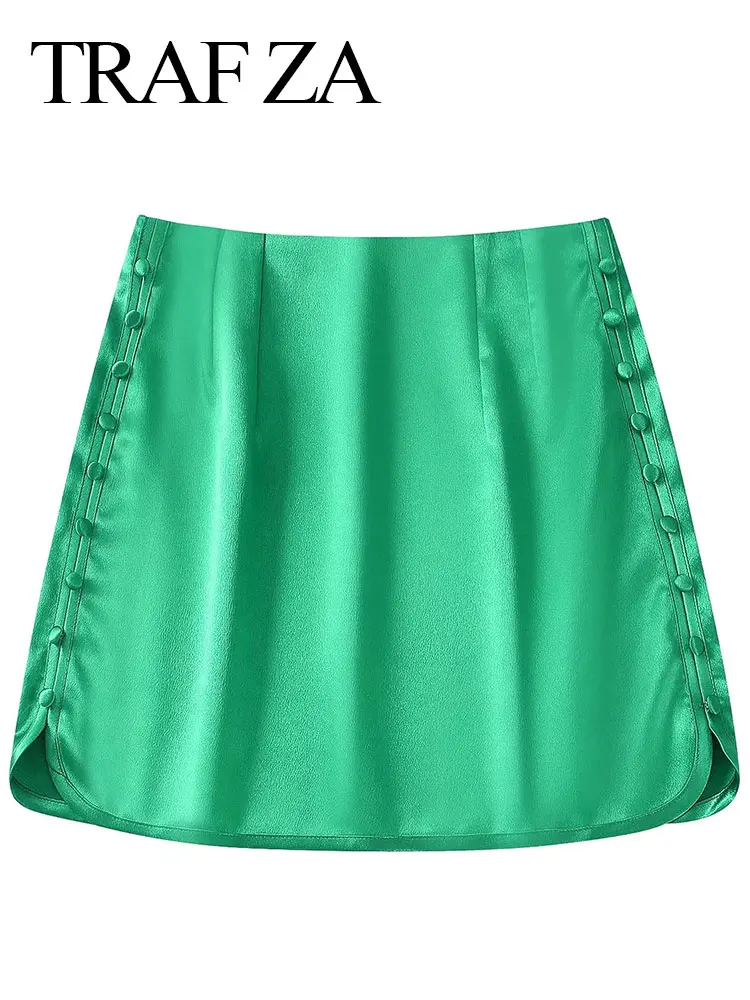 

TRAF ZA Fashion Ladies Short Skirt Solid Green Blue Button Decoration On Both Sides Zipper Slim Sexy Street Everyday Clothing