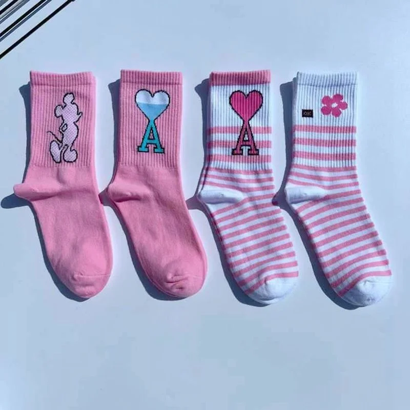 

pink heart women sock Japanese fashion crew ladies socks warm Unisex Casual cotton sox Girls spring autumn Trendy skarpetki