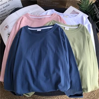 cotton t shirt for women casual spring autumn long sleeve o neck loose t shirt lady solid color basic tee top
