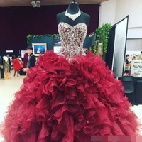 crystal beaded sweetheart organza ruffles ball gown quinceanera dresses 2019 burgundy vestidos de 15 anos sweet 16 prom dress