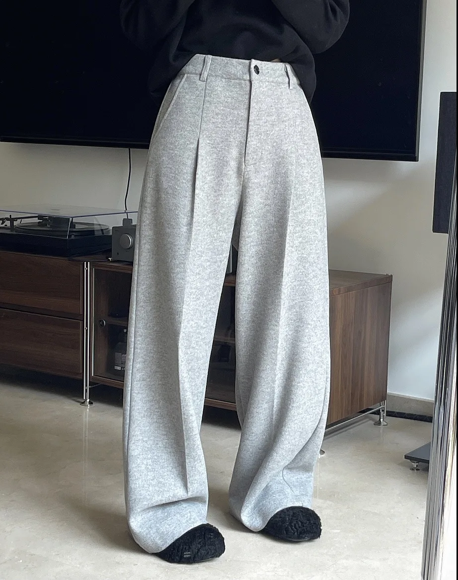 

Зимние новые женские шерстяные повседневные брюки с высокой талией Широкие штаны свободные и удобные брюки с начесом