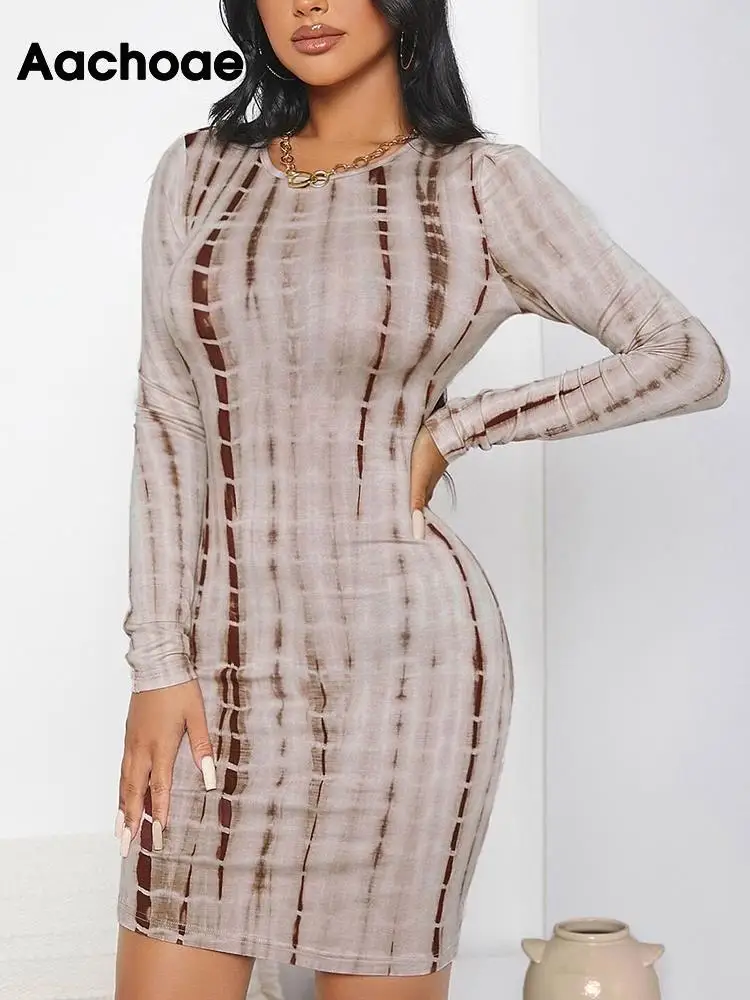 

Мини-платье женское в полоску с круглым вырезом и длинным рукавом