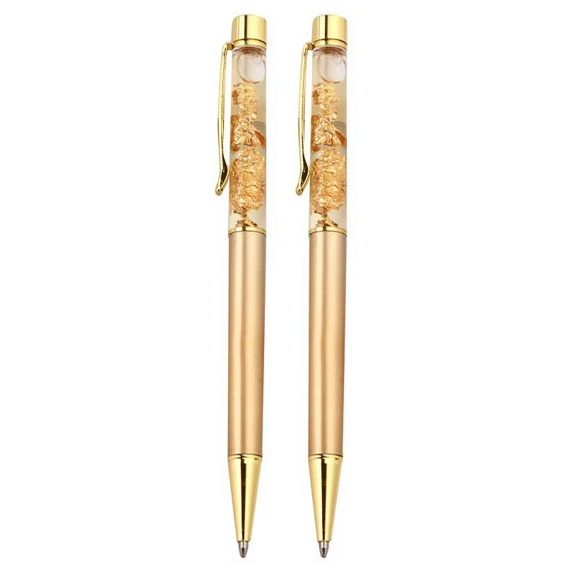 

2X Ballpoint Pen Gold Metal With Glitter Gold With Flakes Clip For Diaries, Diaries, Books, Notebooks For