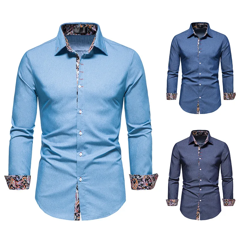 Personalized Casual Dress Shirt Buttoned Long-sleeved Shirt Long-sleeved Denim Contrast Color Dress Shirt 2022 Slim Dress Men