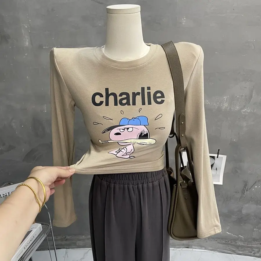 

Wholesale Short Women Top Autumn Winter Long Sleeve Crop Tops O Neck Cartoon Strech Shoulder Pad Slim Fit Fleeces Sexy T Shirts