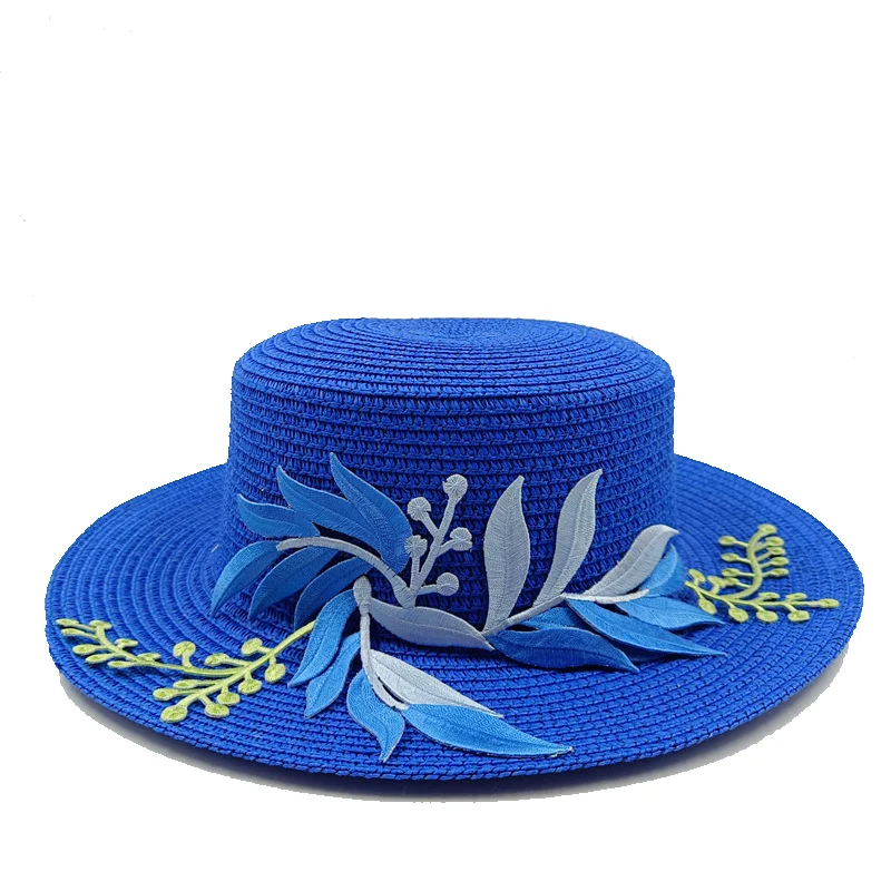 

Соломенная шляпа с вышивкой в виде листьев для мужчин и женщин, Панама от солнца, Пляжная голубая, с плоским верхом, летняя