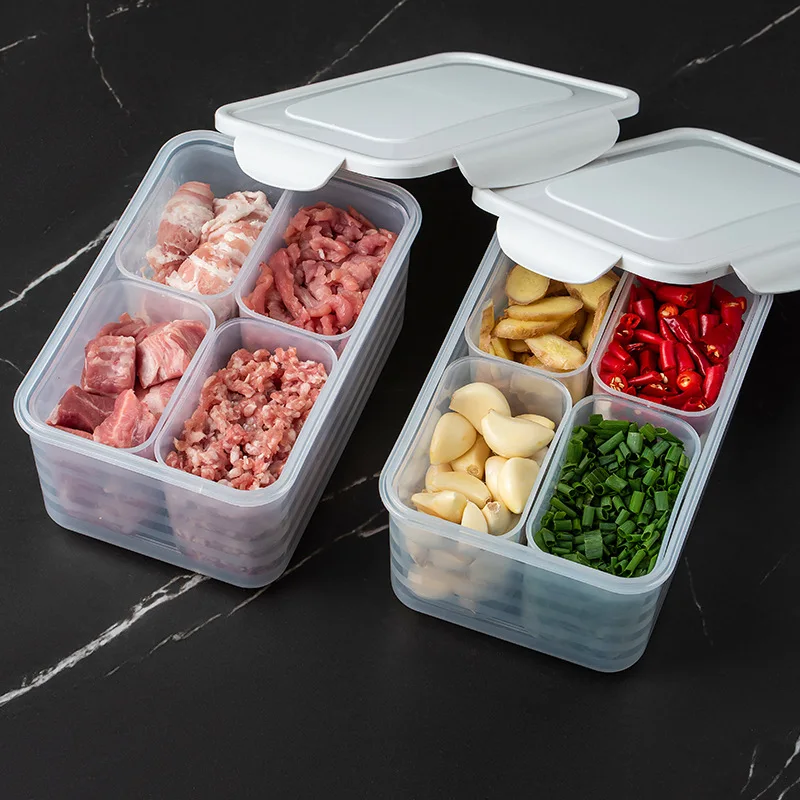 

4 in 1 Refrigerator Meat Preservation Storage Box Freezer Separate Frozen Meat Compartments for kitchen Organization Boxes New