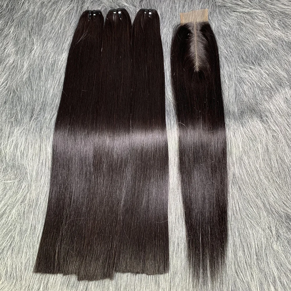 Bone Straight Vietnamese Raw Hair Bundles with Closure 12A Straight Raw Human Hair 3 Bundles with Closure 2x6 Lace Kim K Closure