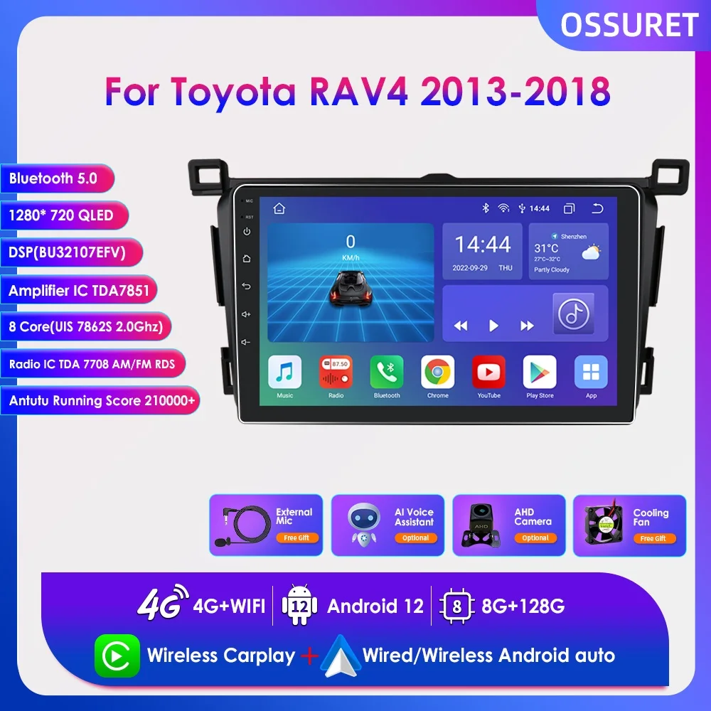Автомагнитола 2 Din, 8 + 128 ГГц, 8 ядер, для Toyota RAV4 2013-2018, Android 12, автомобильный радиоприемник, мультимедийный плеер, GPS-навигатор, BT, SWC, RDS, DSP