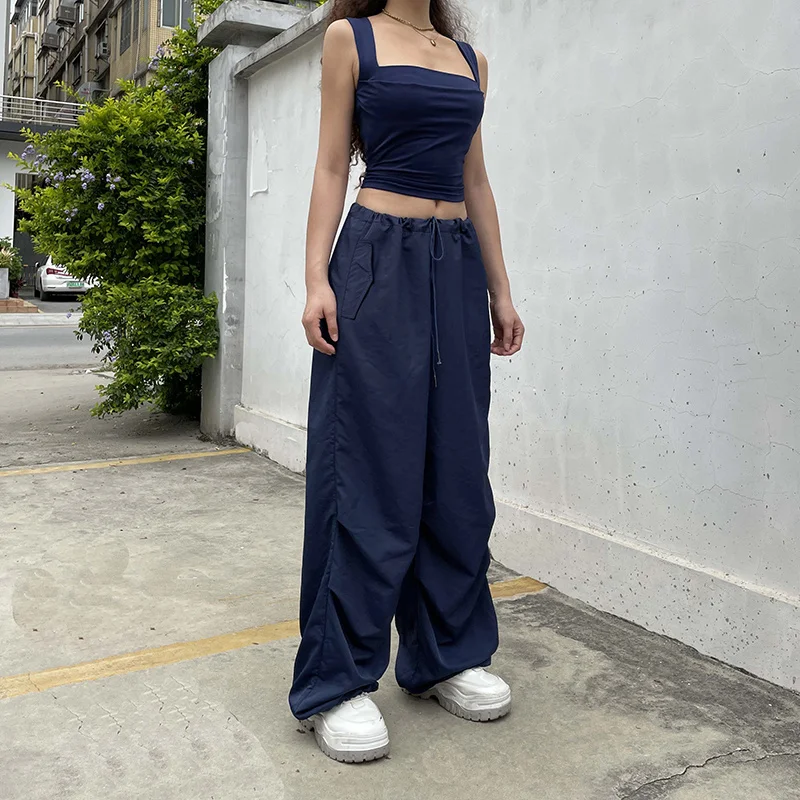 

2023 Drawstring Low Waist Casual Baggy Joggers Womens Streetwear Sweatpants Blue Solid Loose Size Korean Hippie Harem Pants