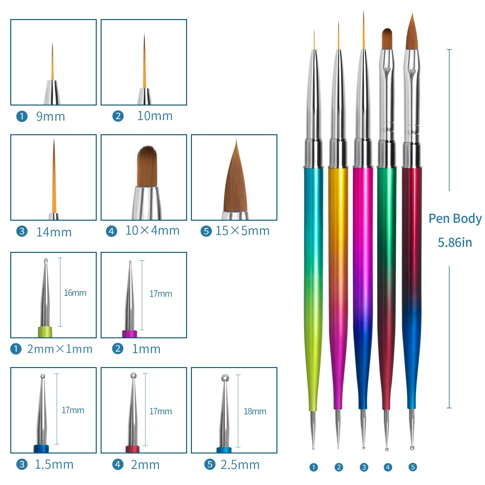 

5 Pcs Nail Art Brushes Set Double Ended Gradient Set UV Gel Acrylic Dotting Pen Liner Tools for DIY Designs Drawing