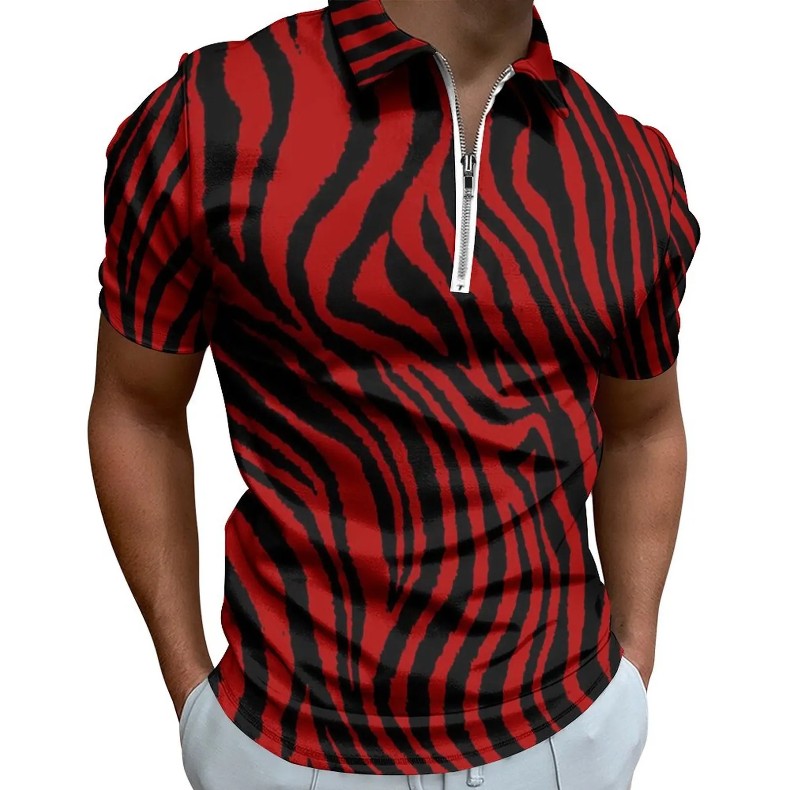 

Striped Ruby Red Casual T-Shirts Abstract Print Polo Shirts Zipper Y2K Shirt Male Custom Clothes Big Size 5XL 6XL
