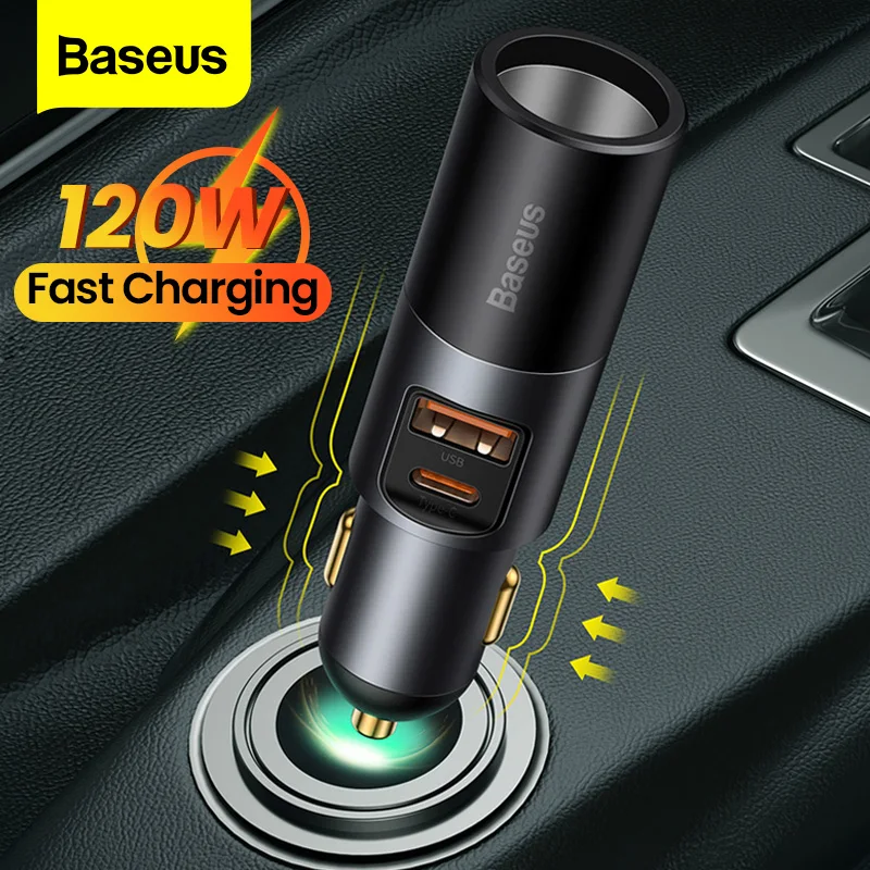 

Baseus 120W Car Phone Charger Quick Charge QC 4.0 3.0 USB Type C Expand Charger Adapter For Cigarette Lighter Socket Splitter