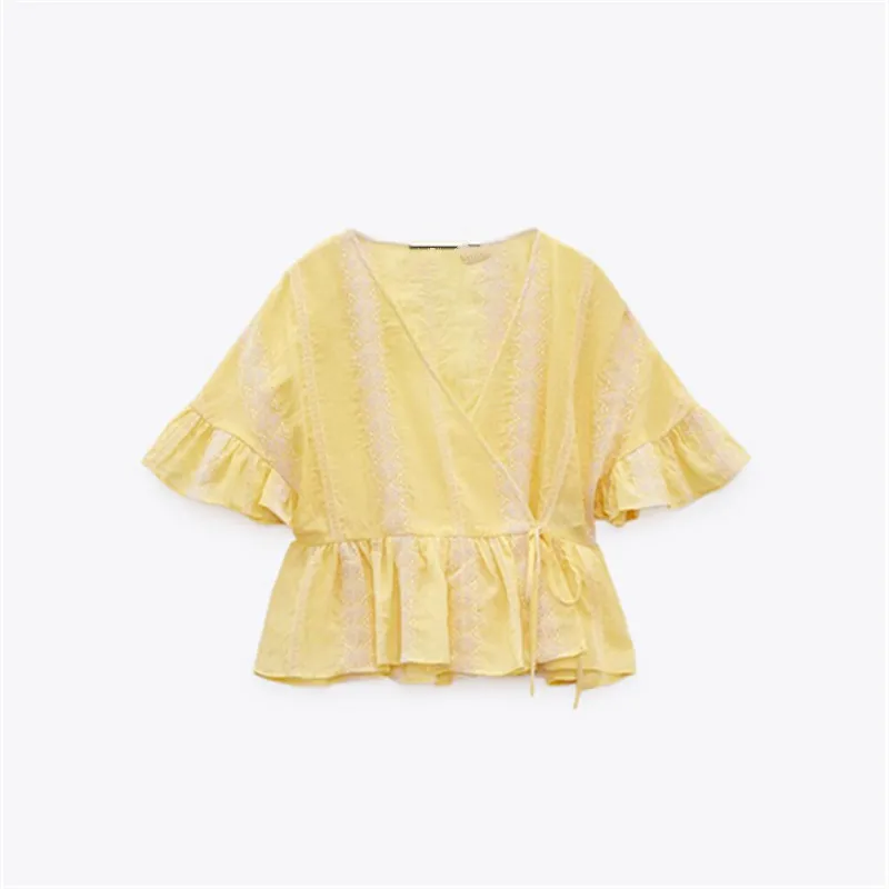 

PB&ZA summer new women's sweet V-neck all-match lace-up double placket design hollow embroidery layered decorative top 3527/946