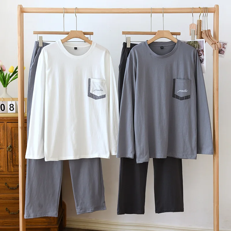 

Men Pajamas Set Knitted Cotton Long Sleeves Spring Autumn Teen Boys Homewear Suit Pajama Pijamas Lounge Pyjamas Round Neck Thin