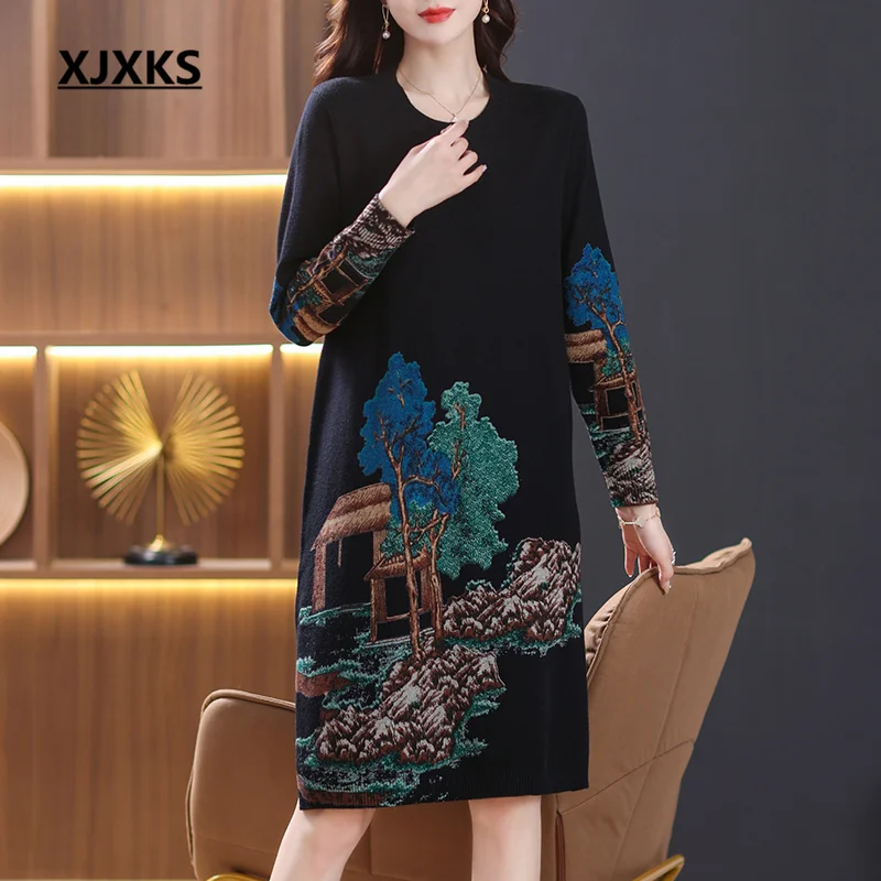 

Женское длинное шерстяное вязаное платье XJXKS, мягкое и удобное платье-свитер с круглым вырезом и принтом, Осень-зима 2022