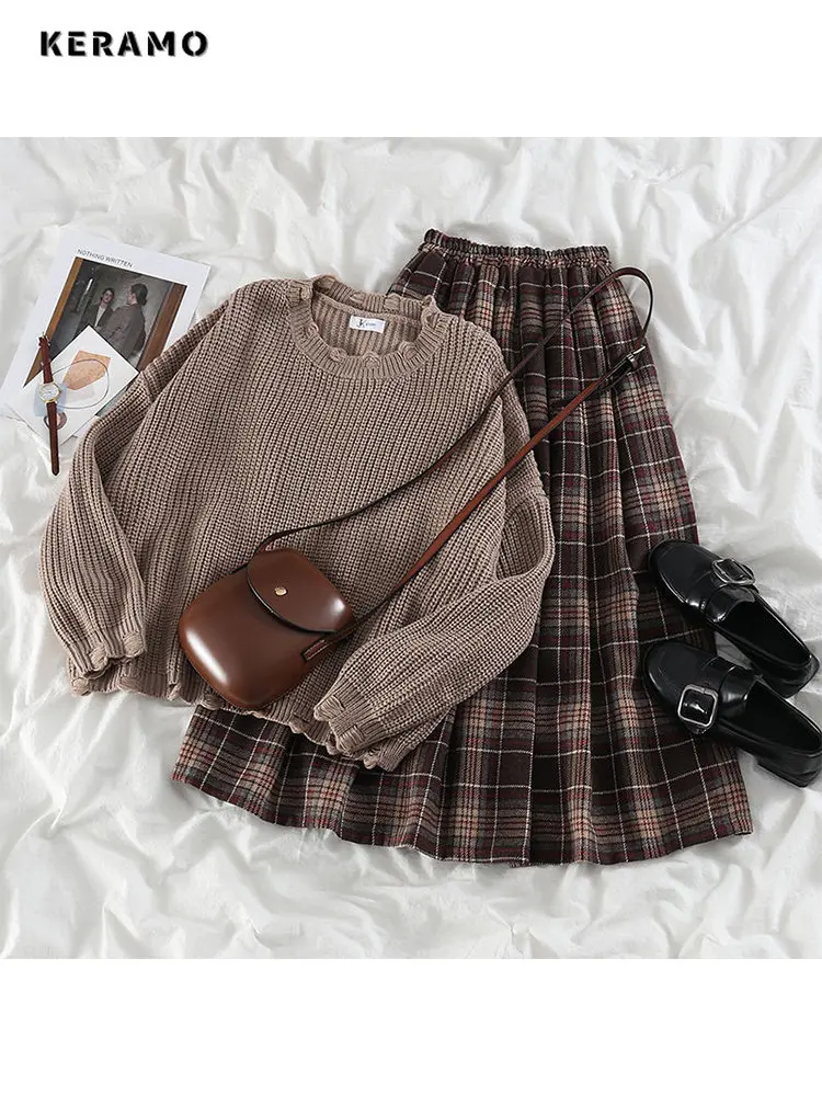 Autumn Winter Suits New Plus Size Women Knit Sweater Plaid Skirt Two Piece Sets Women Fashion Dresses Long sleeves Skirts Suits