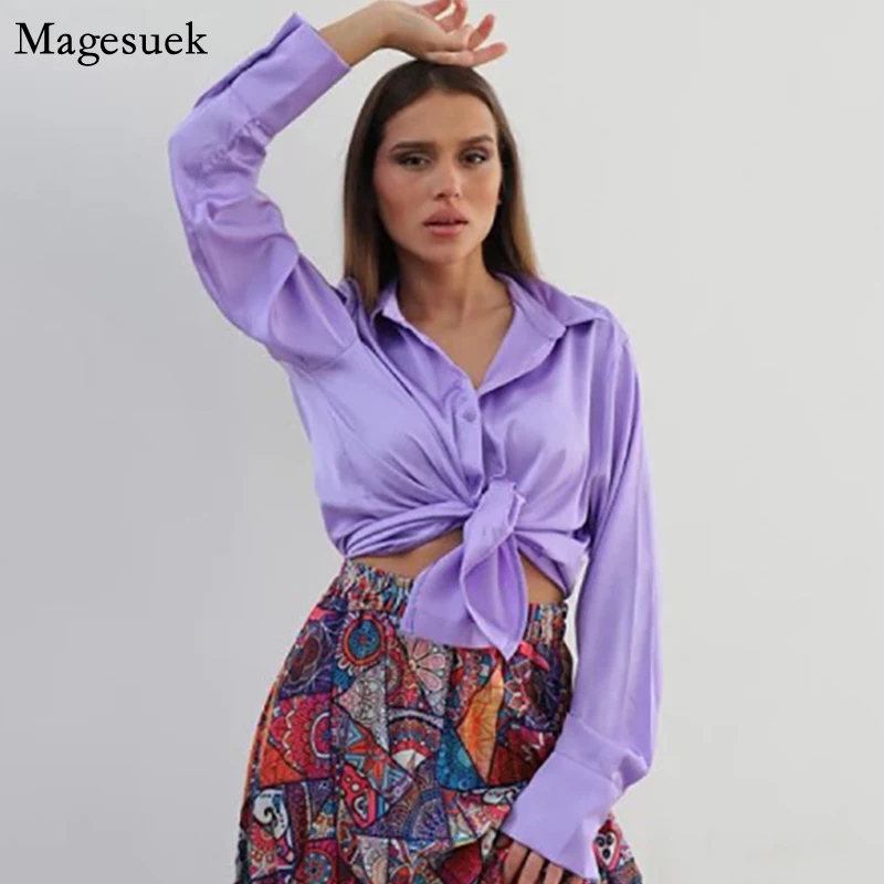 

Elegant Casual Loose Satin Women Blouse Autumn Long Sleeve Solid Single breasted Silk Shirt Women Fashion Office Lady Tops 22125