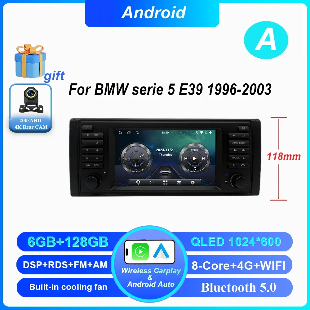 

7-дюймовый беспроводной CarPlay Android Auto радио для BMW 5 серии E39 X5 E53 M5 1996-2003 гг. Автомобильный мультимедийный GPS 2din DVD авторадио 4G DSP