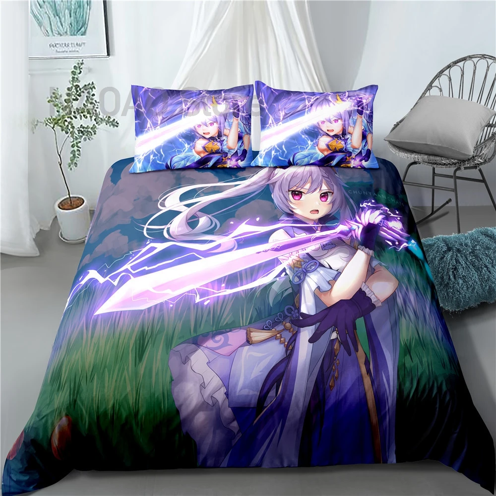

Hot Game Genshin Impact Keqing 3D Printed Bedding Set Duvet Cover KING Queen Full Twin Size for Kids Girls Bedroom Decor