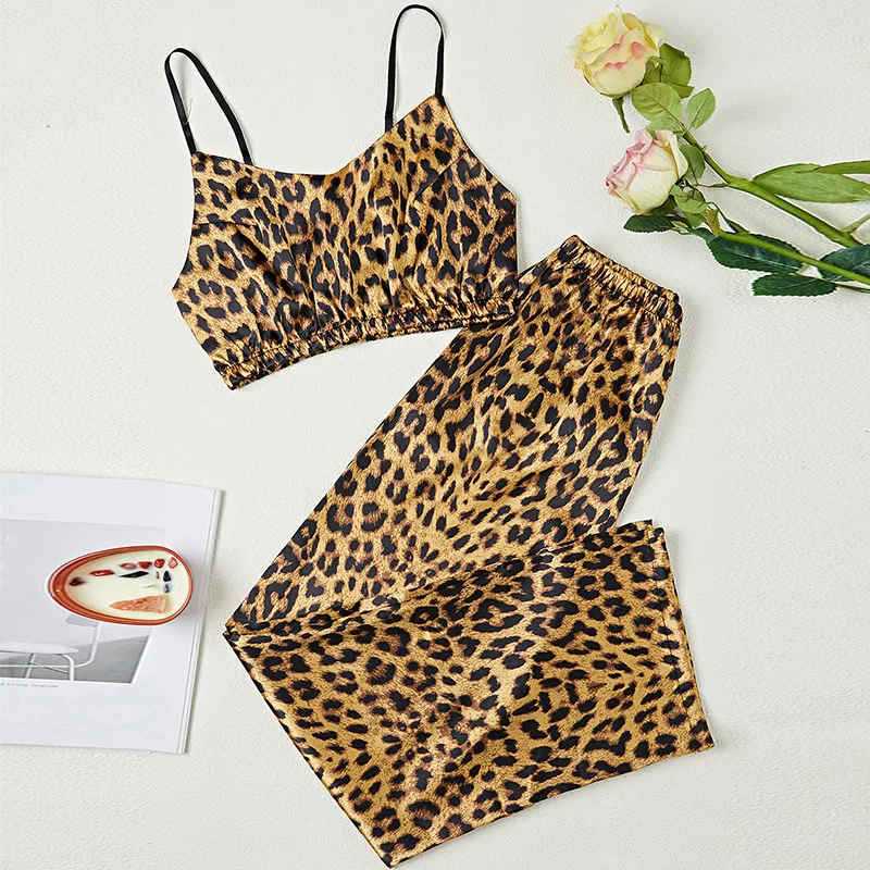 New Pajamas Set Simple Fashion Suspender Nightdress Sexy Trousers Lingerie Summer Silk Dew Navel Homewear Suit Casual Breathable