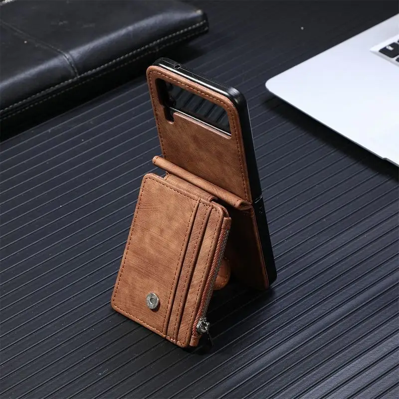 Tanie Etui Na Zamek Błyskawiczny Do Samsung Galaxy Z Flip 4 Pokrowiec Z Klapką 3 5G Skórzany Odpinany Uchwyt Na Karty Bezprzewodowe Etui Na Telefony Komórkowe