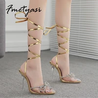 luxury bright diamond high heels pointed toe bow transparent sandals stiletto cross straps crystal heel sexy evening party