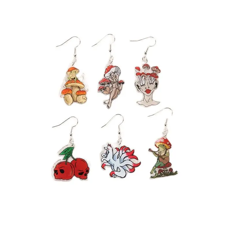 

1Pair Cherry Skull Drop Earrings Creative Acrylic Kitsune Muchroom For Woman Birthday Gift