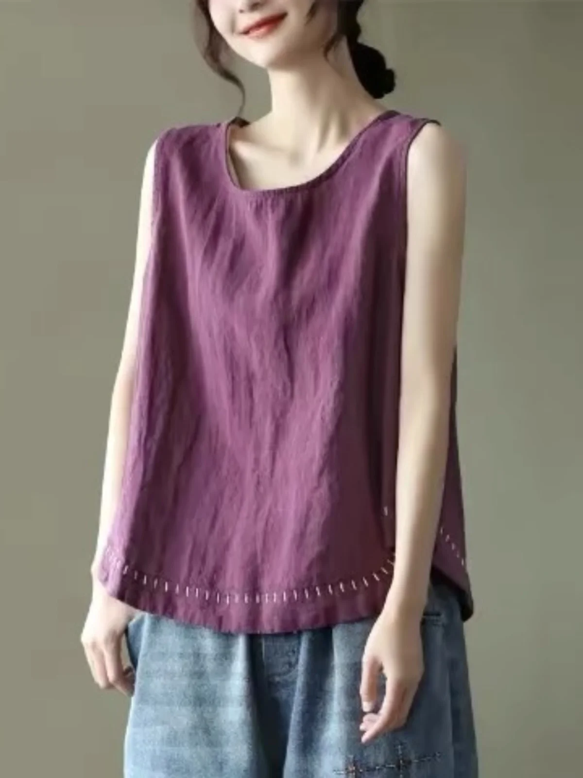 Лето 2025 г. хлопково-льняной жилет без рукавов женская верхняя одежда