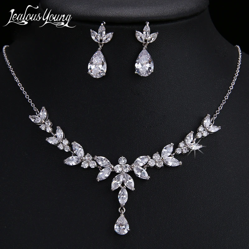 

Женский комплект свадебных украшений AS218, модный белый комплект из ожерелья и серег в виде листьев из циркония ААА + с фианитом, подходит для невесты