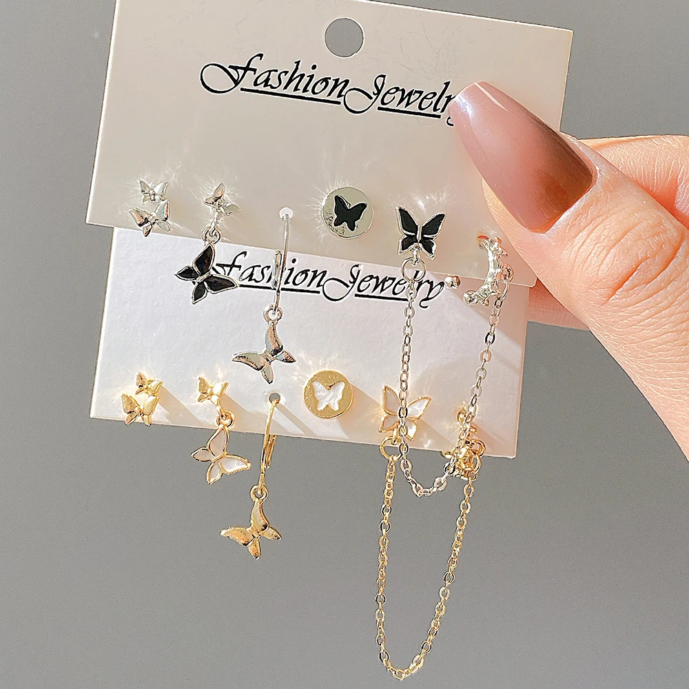

Fashion Metal Butterfly Pendant Chain Small Earrings Jewelry for Women Trendy Irregular Geometric Piercing Circle Earring Set