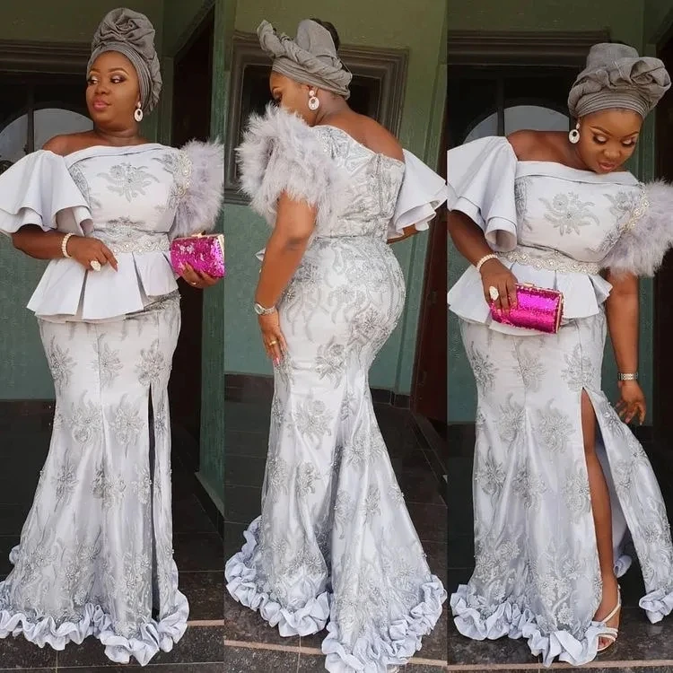 

Nigerian Silver Lace Mermaid Evening Dresses Ruffles Feather African Long Prom Gowns Plus Size Aso Ebi Style Party Dress