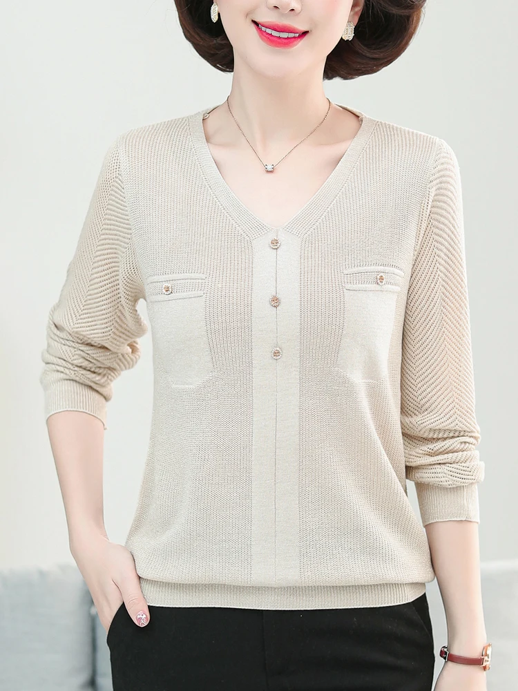 

V Neck Sweater Women New Autumn Spring Pullover Long Sleeve Top Femme Women Clothing Solid Elasticity Hollow Sweaters For Women