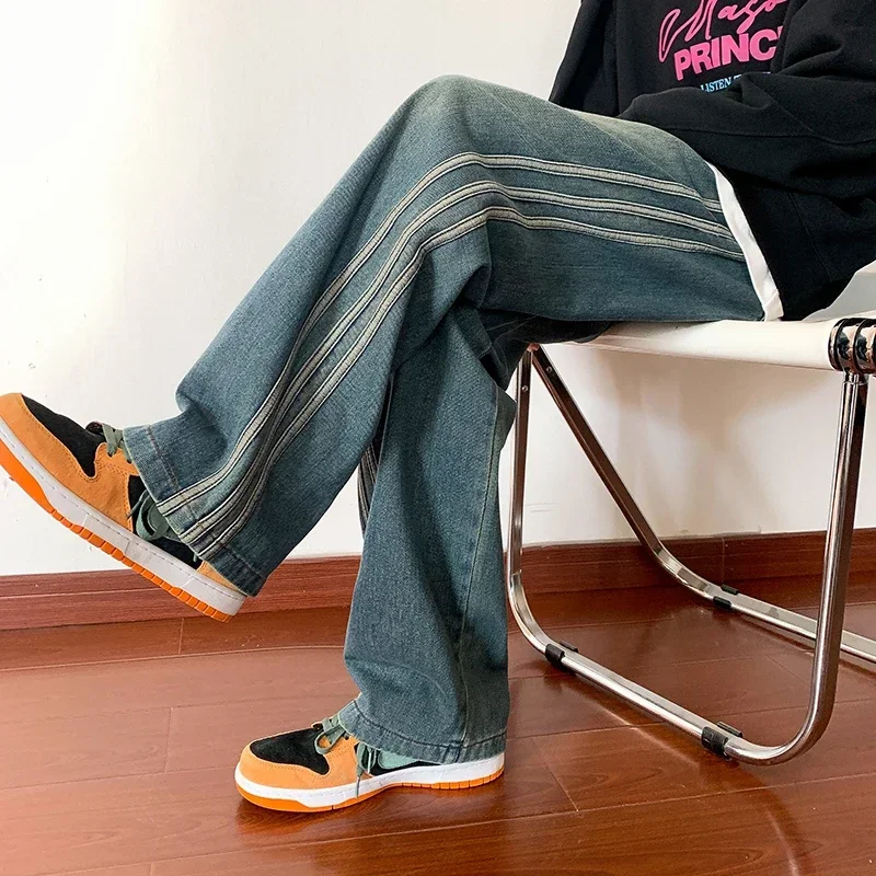 Джинсы мужские оверсайз с широкими штанинами, трендовые прямые ...