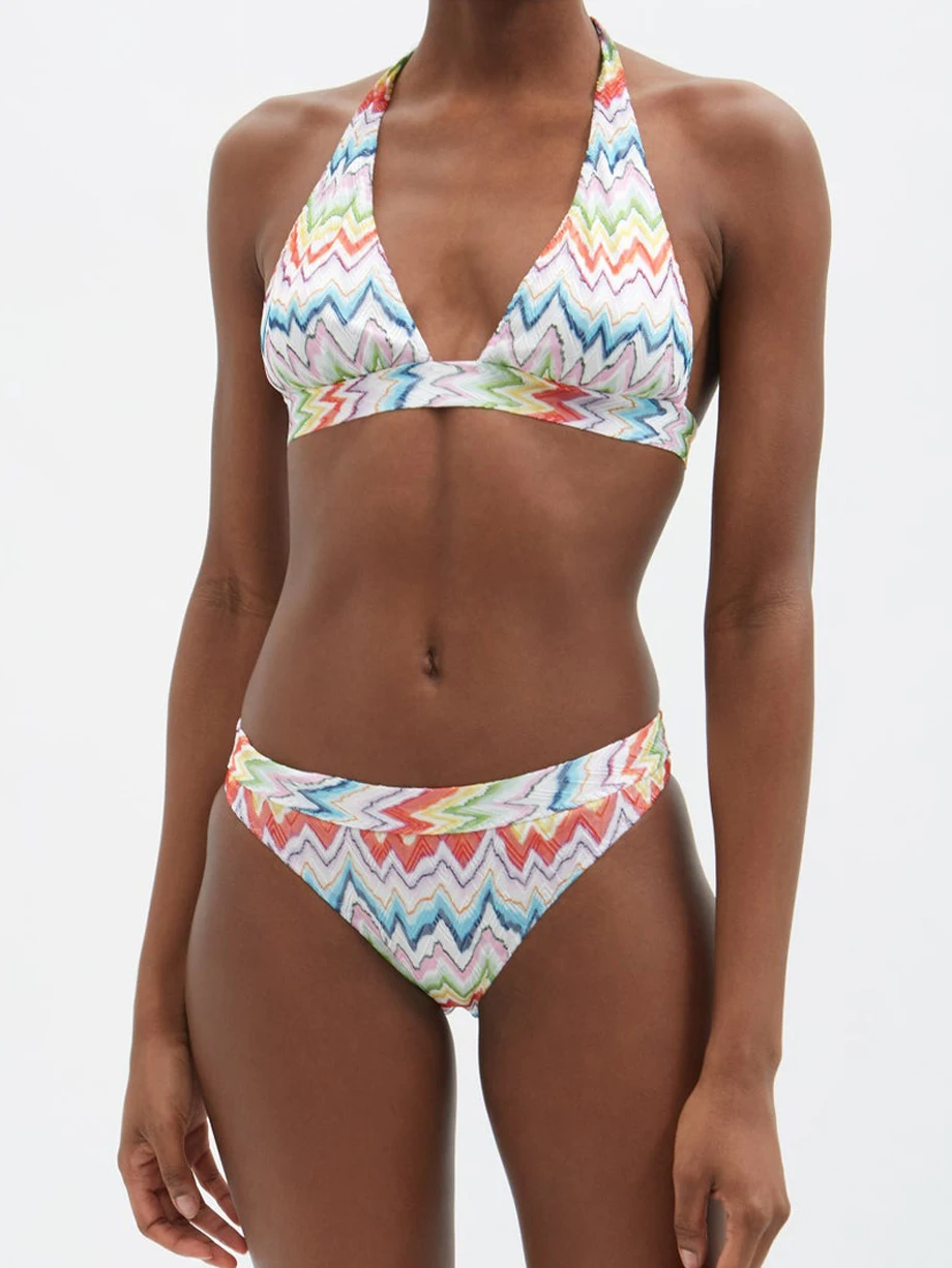 Retro Striped Print Sling Bikini Sexy Deep V Neck Cross Strap Backless Beachwear Seamless Holiday Beach Dress Swimwear Women