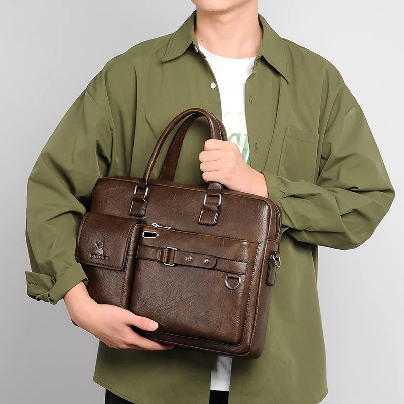 Vintage Leather Briefcases Men Business Handbag Large Capacity Tote Bag Office Shoulder Messenger Bag Waterproof Laptop Bag