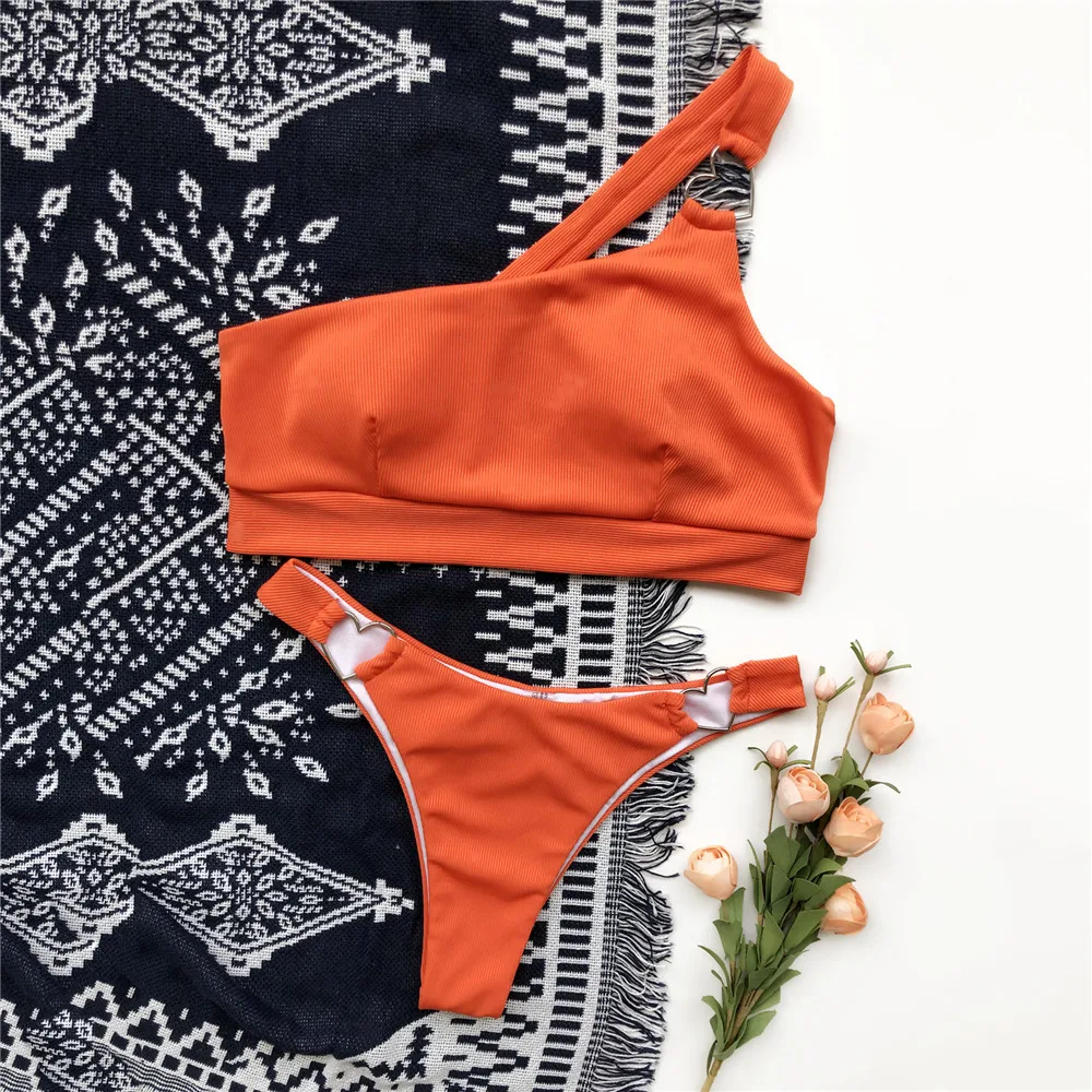 

Sexy One Shoulder Swimwear Women Orange Bikinis 2022 Mujer Heart Ring Swimsuits Biquinis Bandeau Swimming Suit Bikini Set Bather