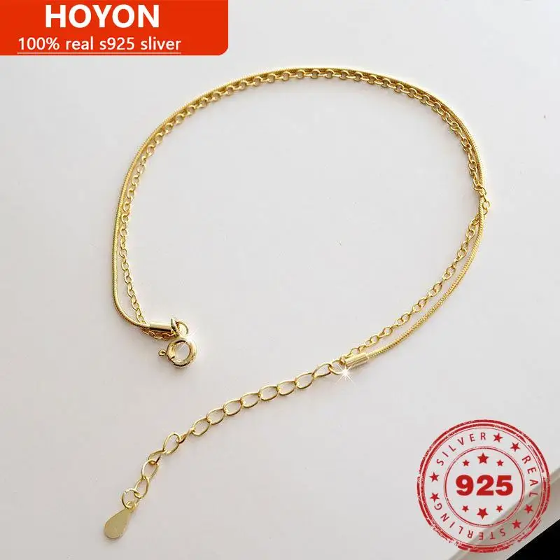 

HOYON Genuine pure 925 sterling silver bracelet ladies jewelry 18K gold double layers snake bone chain anklets girlfriend gift