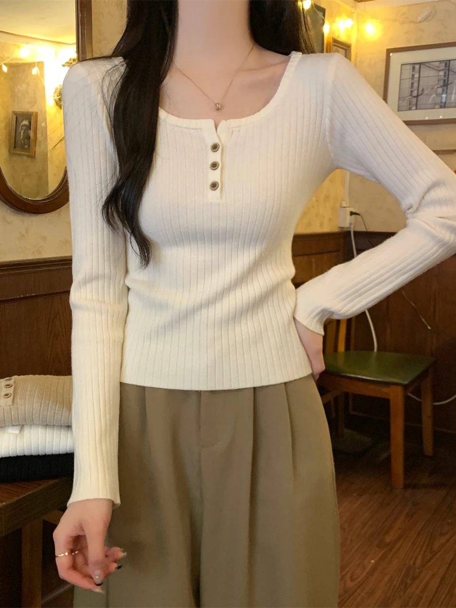 Женский свитер High Sense Sunken Stripe на талии облегающий шикарный пуговицах с квадратным