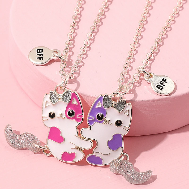 

2Pcs Cute Cartoon Cat Pendant Chain Necklace Best Friends Necklace BFF Friendship Children's Jewelry Gift for Girls Wholesale