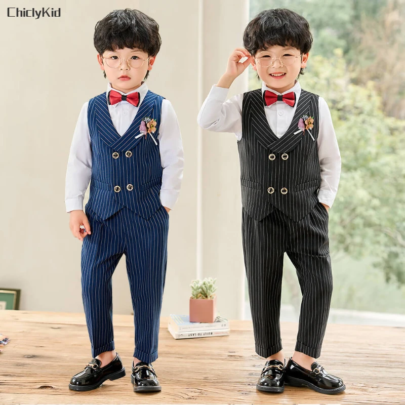 Little Boys Striped Vest Corsage Tuxedos Formal Wedding Dress Child Clothes Sets Baby Toddler Outfits