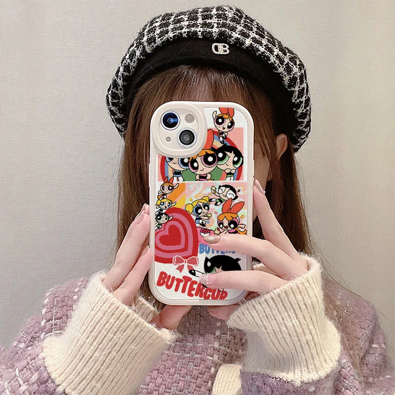 

Cartoon Powerpuff Girls Kawaii Bracket Phone Cases For IPhone 13 12 11 Pro Max XR XS MAX X Mini 7/8Plus Anti-drop Soft Case Gift
